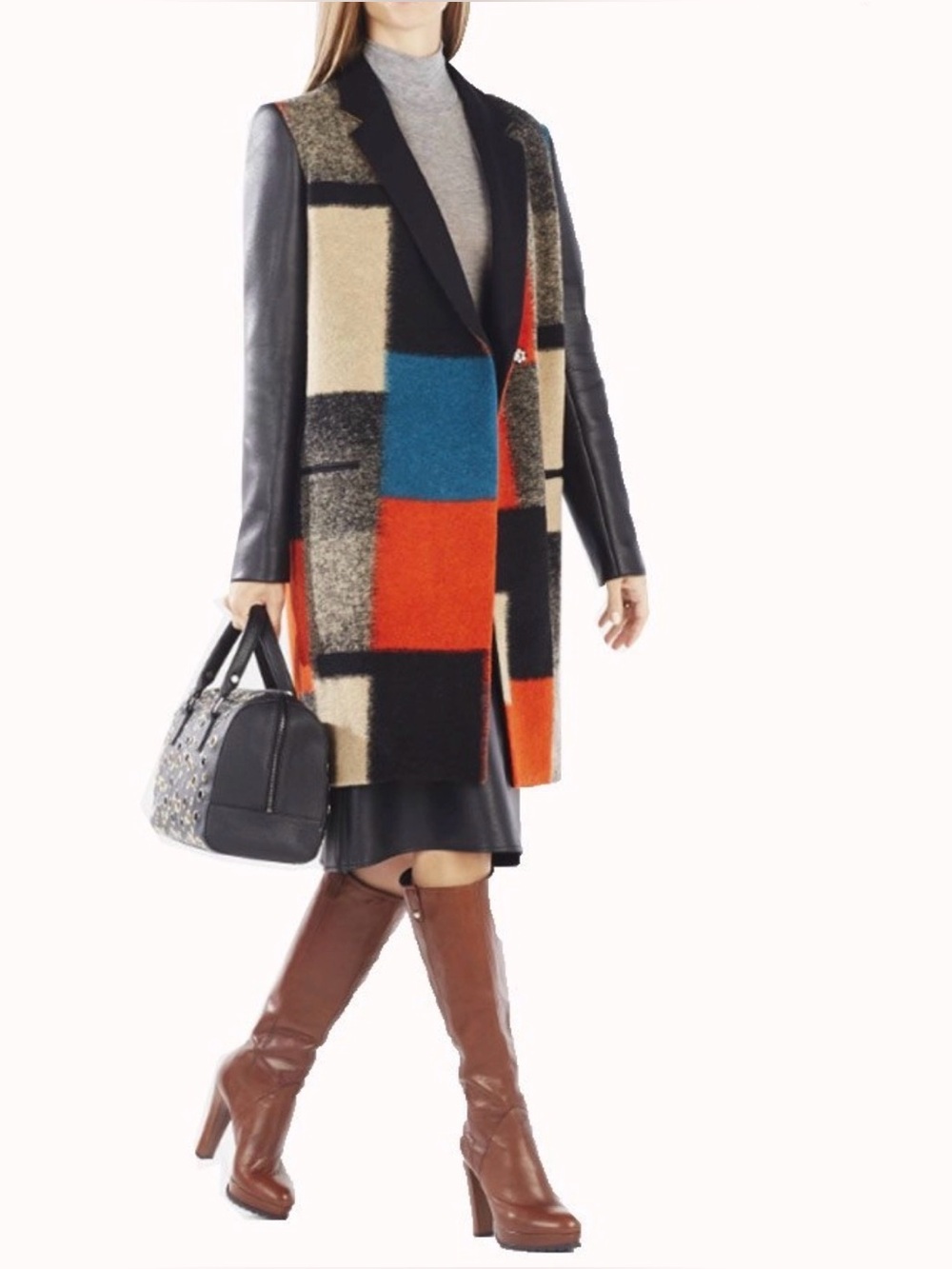 BCBGMAXAZRIA Sheri Holland Color Block Wool & Leather Knee Length Coat. Size S